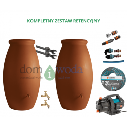 Zestaw retencyjny 2000l. Zbiornik na deszczówkę Amfora 2x 1000l, pompa naziemna, wąż ogrodowy, akcesoria kolor gliniany
