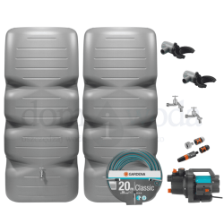 Zestaw retencyjny 2000l. Naziemny zbiornik na deszczówkę Cubus1000l x2, betonowoszary, zbieracz Rapido x2,  kranik x2,  pompa naziemna, wąż ogrodowy, akcesoria