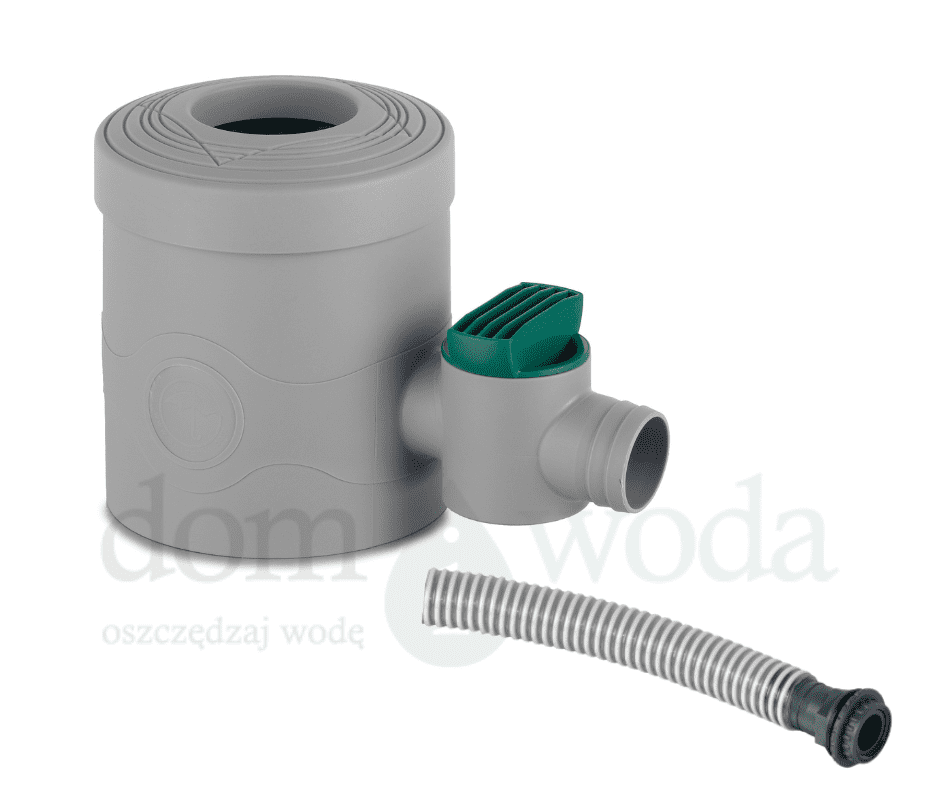 Zestaw do zbiornika dekoracyjnego: zbieracz wody deszczowej z filtrem i zaworem 68-100mm, szary, połączenie zbieracz- zbiornik