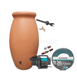 Kompletny zestaw, zbiornik na deszczówkę Amfora 1000l, z pompą naziemną, wężem ogrodowym, akcesoriami, kolor gliniany