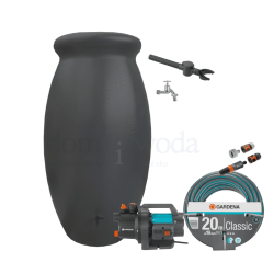 Kompletny zestaw, zbiornik na deszczówkę Amfora 1000l, z pompą naziemną, wężem ogrodowym, akcesoriami, grafitowy
