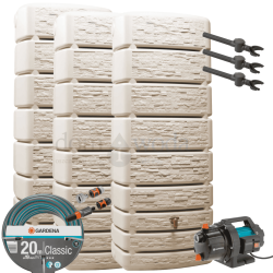 Zestaw retencyjny. Zbiornik na deszczówkę Extra Slim 500l x3 - wąski, dekoracyjny, z kranem, beż piaskowy, zbieracz Speedy x3, pompa, akcesoria