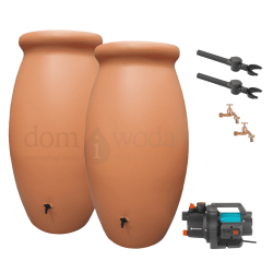 Zestaw retencyjny 2000l. Zbiornik na deszczówkę Amfora 2x 1000l, pompa naziemna, akcesoria, kolor gliniany