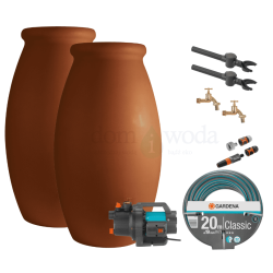 Zestaw retencyjny 2000l. Zbiornik na deszczówkę Amfora 2x 1000l,  pompa naziemna, wąż ogrodowy, akcesoria, gliniany