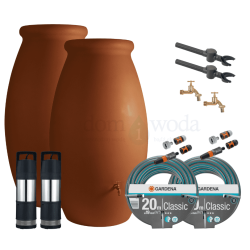 Zestaw retencyjny 2000l. Zbiornik na deszczówkę Amfora 2x 1000l, pompa zatapialna 2x, zbieracze, kraniki, wąż ogrodowy, akcesoria, kolor gliniany