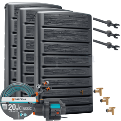Zestaw retencyjny. Zbiornik na deszczówkę Extra Slim 400l x3- wąski, z kranem, grafitowo-szary, zbieracz Speedy x3, pompa, akcesoria
