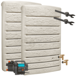 Zestaw retencyjny. Zbiornik na deszczówkę Extra Slim 400l x2- wąski, z kranem, beż piaskowy, zbieracz Speedy x2, pompa