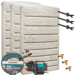 Zestaw retencyjny. Zbiornik na deszczówkę Extra Slim 400l x3- wąski, z kranem, beż piaskowy, zbieracz Speedy x3, pompa, akcesoria