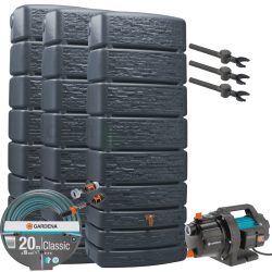 Zestaw retencyjny. Zbiornik na deszczówkę Extra Slim 500l x3 - wąski, dekoracyjny, z kranem,  grafitowo-szary, zbieracz Speedy x3, pompa, akcesoria