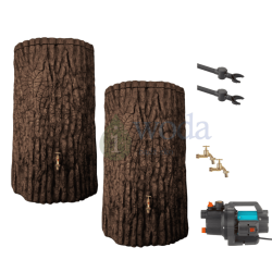 Kompletny zestaw retencyjny zbiornik drzewo, kora 2x 500l + 2x kranik + 2x zbieracz Speedy + pompa naziemna Gardena, zestaw połączeniowy zbiornik-pompa